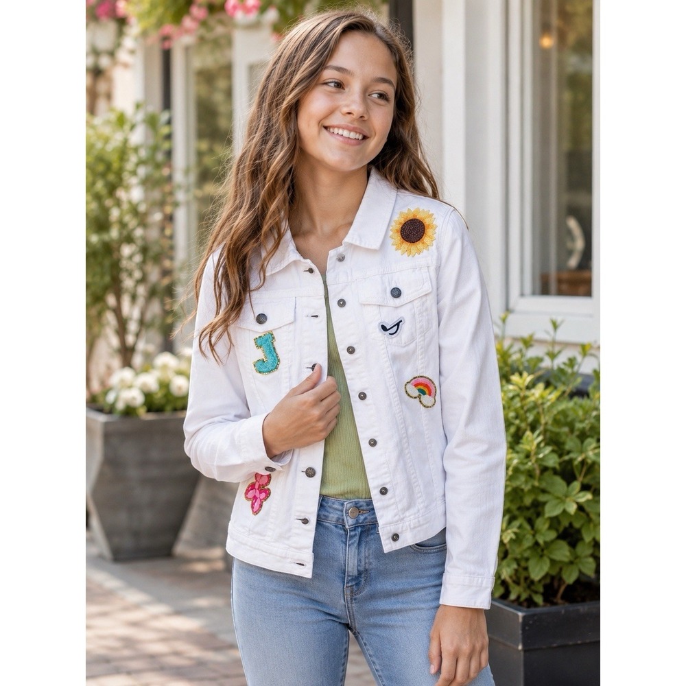 Crazy 8 Girls XL14-16 White Denim Jacket Sunflower Rainbow Butterfly Patch Jean